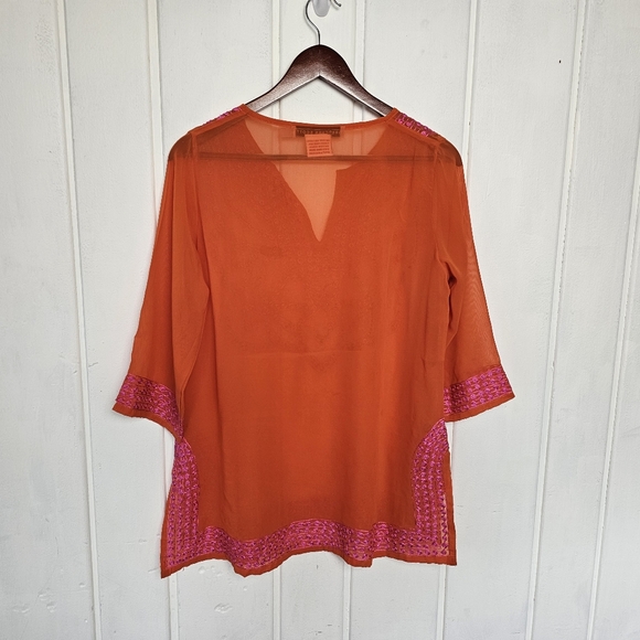 Gretchen Scott XS Orange Pink Sheer Oversized Embroidered BohoTunic Top - Picture 8 of 14